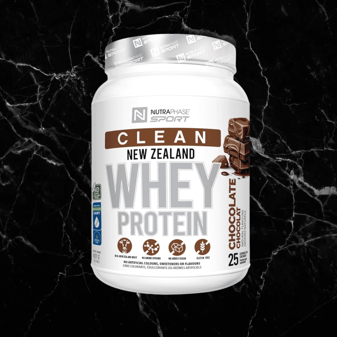 NutraPhase New Zealand Whey Protein - 25 Servings in Chocolate flavor, clean whey protein with no artificial ingredients, ideal for fitness nutrition.