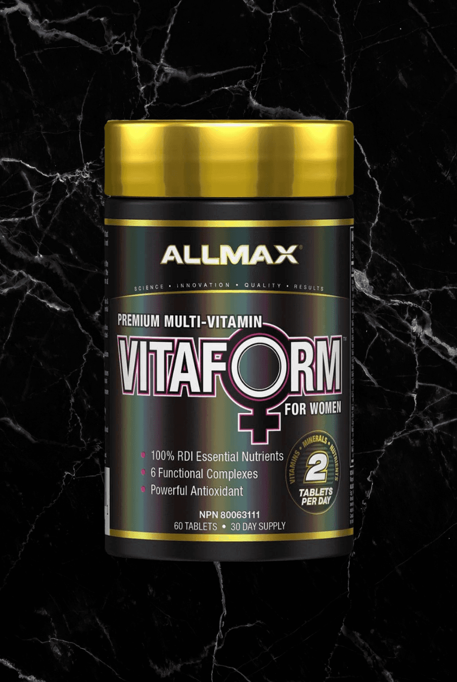 ALLMAX Vitaform For Women multivitamin bottle with gold lid on black marble background. Supports metabolism, immunity, and bone health.