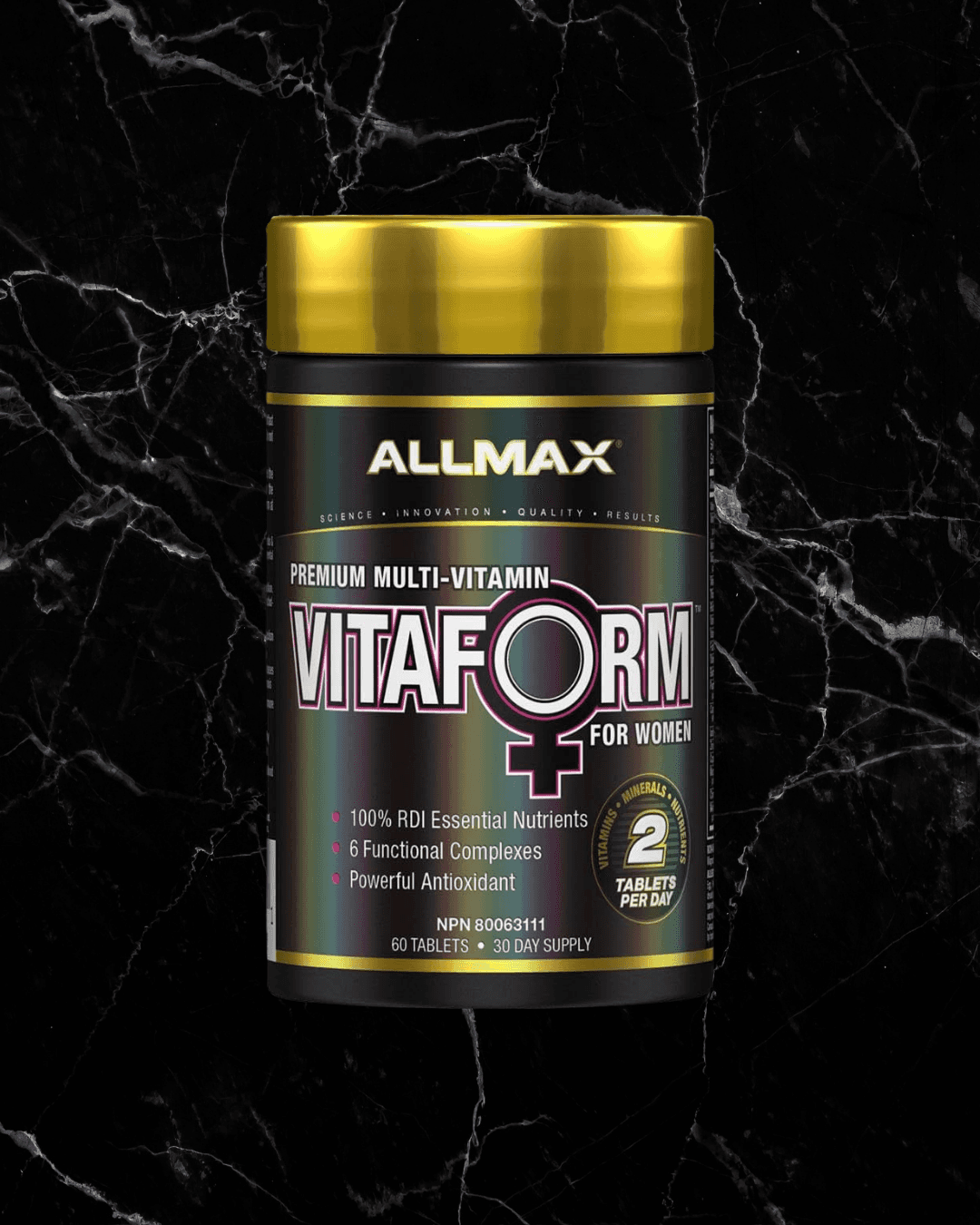 ALLMAX Vitaform For Women multivitamin bottle with gold lid on black marble background. Supports metabolism, immunity, and bone health.