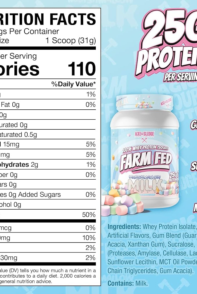 Farm Fed Protein - Pure Isolate Powerhouse with 25g protein per scoop, low carb, gluten-free, sugar-free, and non-GMO formula in cinnamon flavor.