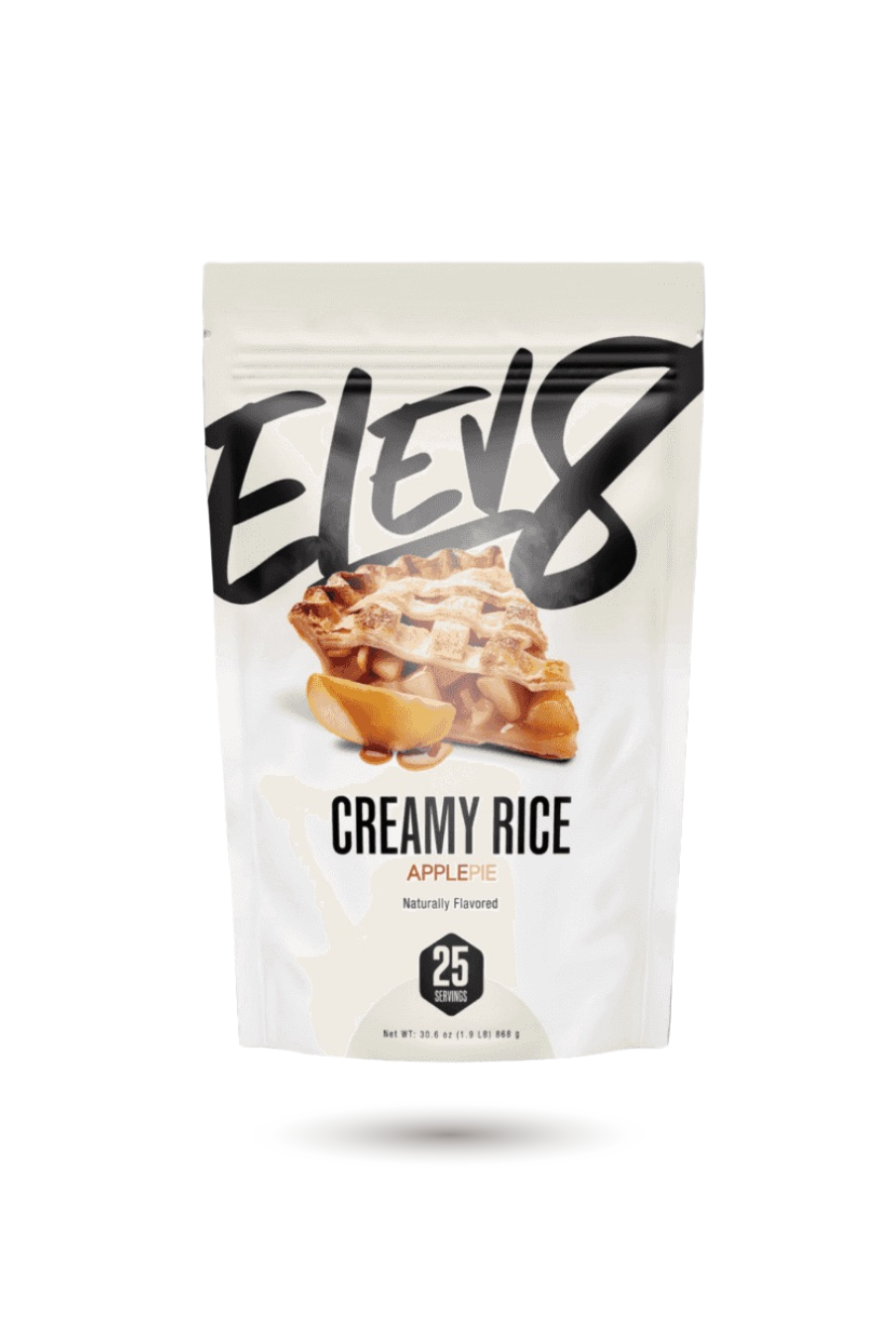 ELEV8 Creamy Rice Apple Pie flavor with rich dessert visuals. Supports active lifestyles with fast-digesting, gluten-free carbs.