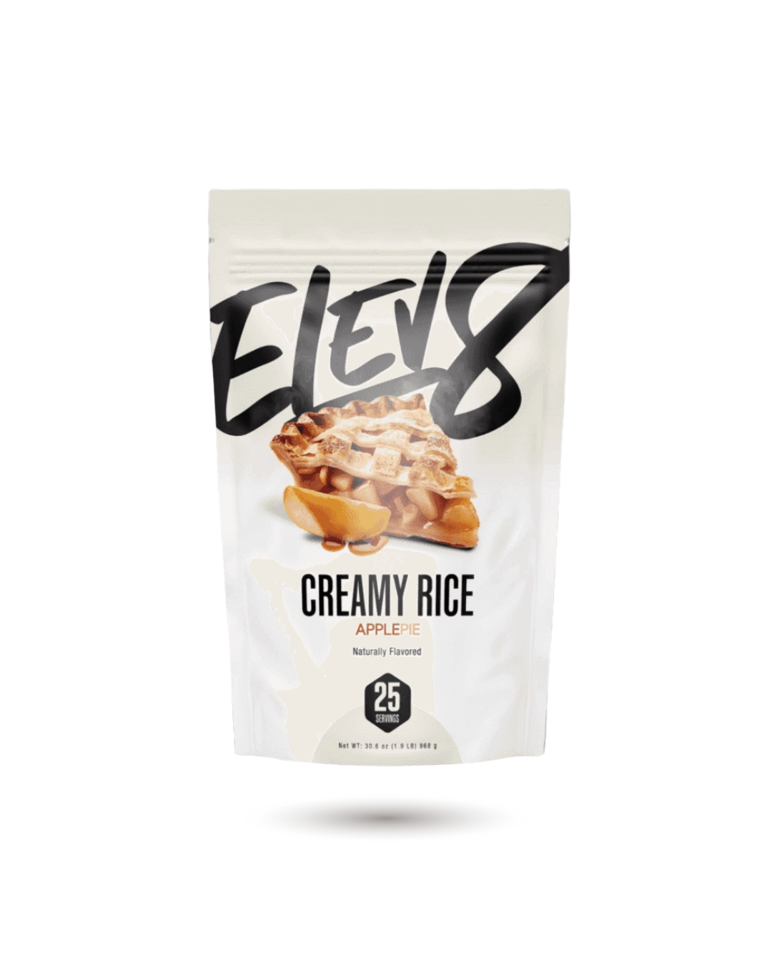 ELEV8 Creamy Rice Apple Pie flavor with rich dessert visuals. Supports active lifestyles with fast-digesting, gluten-free carbs.