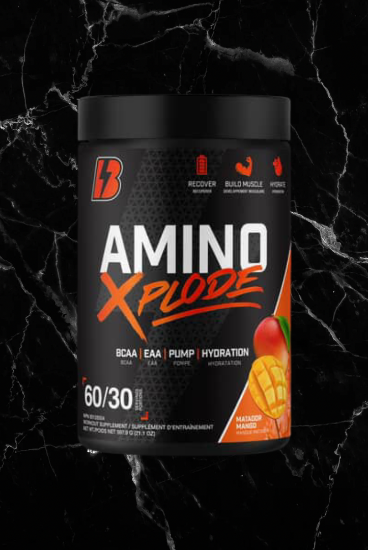 Amino Xplode EAA/BCAA supplement in Mango Madness flavor, designed to boost hydration, muscle recovery, and workout endurance.