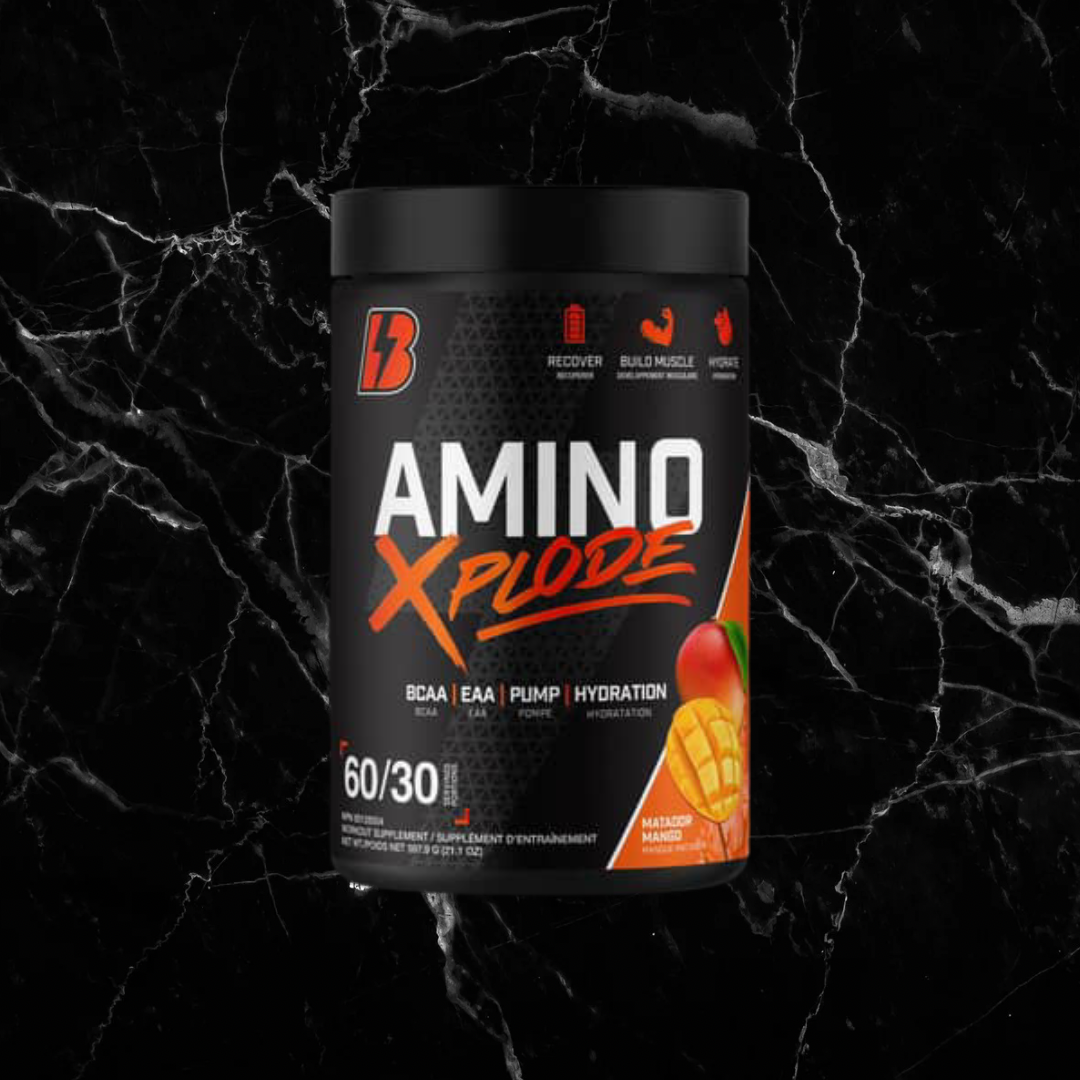 Amino Xplode EAA/BCAA supplement in Mango Madness flavor, designed to boost hydration, muscle recovery, and workout endurance.