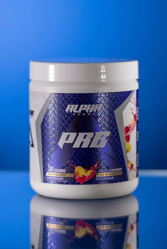 Alpha Supps Raspberry Lemonade Pre-Workout tub on reflective blue background, highlighting energy and clarity benefits.