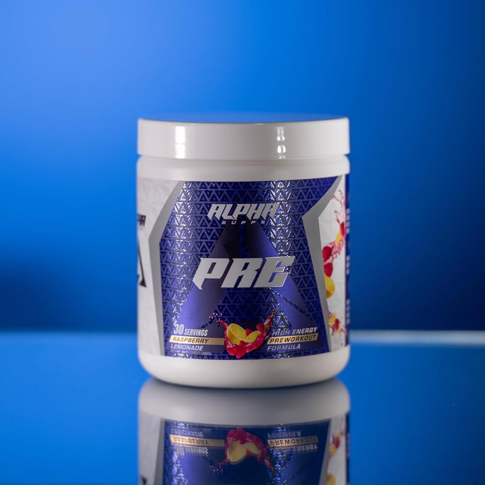 Alpha Supps Raspberry Lemonade Pre-Workout tub on reflective blue background, highlighting energy and clarity benefits.