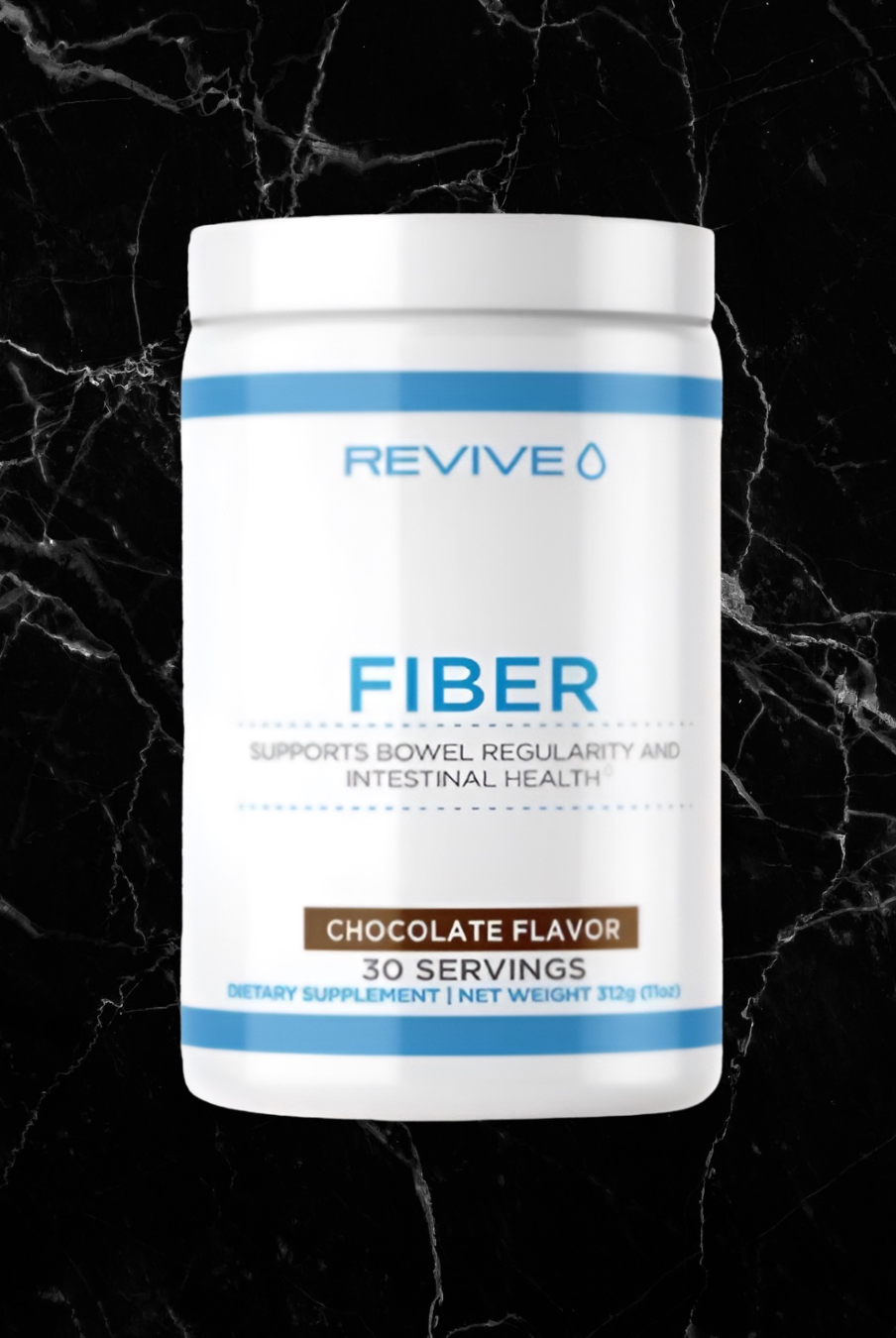 Revive Fiber Chocolate Supplement for Digestive Health with 30 servings, supports bowel regularity and gut wellness in a chocolate flavor blend.