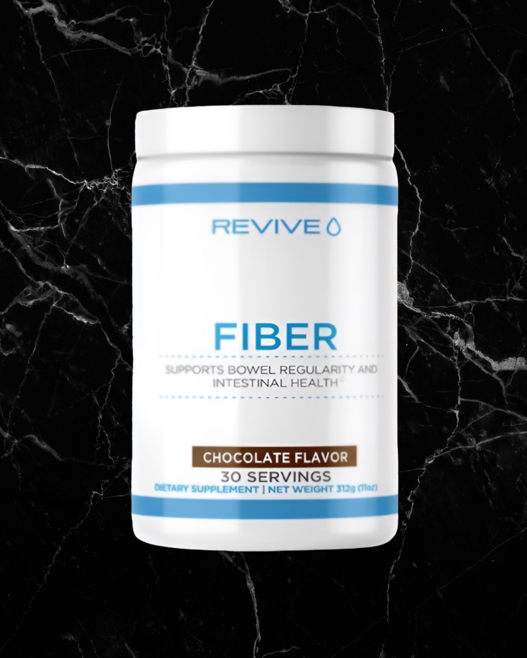 Revive Fiber Chocolate Supplement for Digestive Health with 30 servings, supports bowel regularity and gut wellness in a chocolate flavor blend.