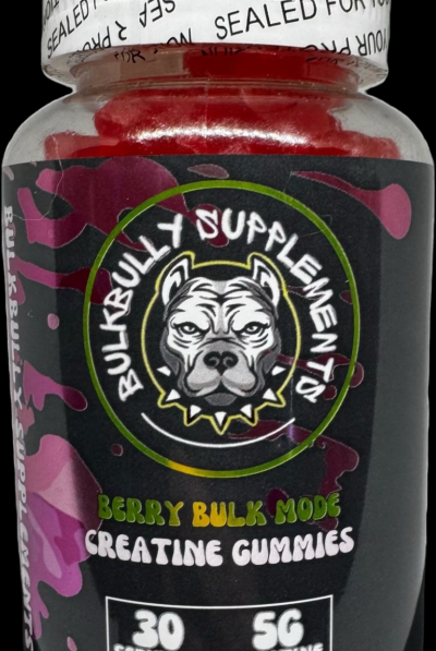Close-up of BulkBully Strawberry Creatine Gummies bottle labeled Berry Bulk Mode with 60 gummies and 5g creatine per serving.