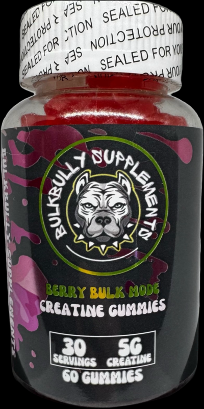 Close-up of BulkBully Strawberry Creatine Gummies bottle labeled Berry Bulk Mode with 60 gummies and 5g creatine per serving.