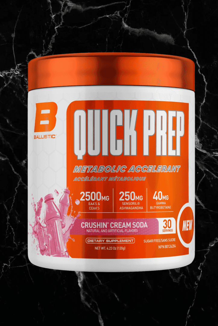 Ballistic Quick Prep Crushin' Cream Soda flavor pre-workout for metabolic boost and fat burn. Includes EAAs, Ashwagandha, and Butyrate blend.