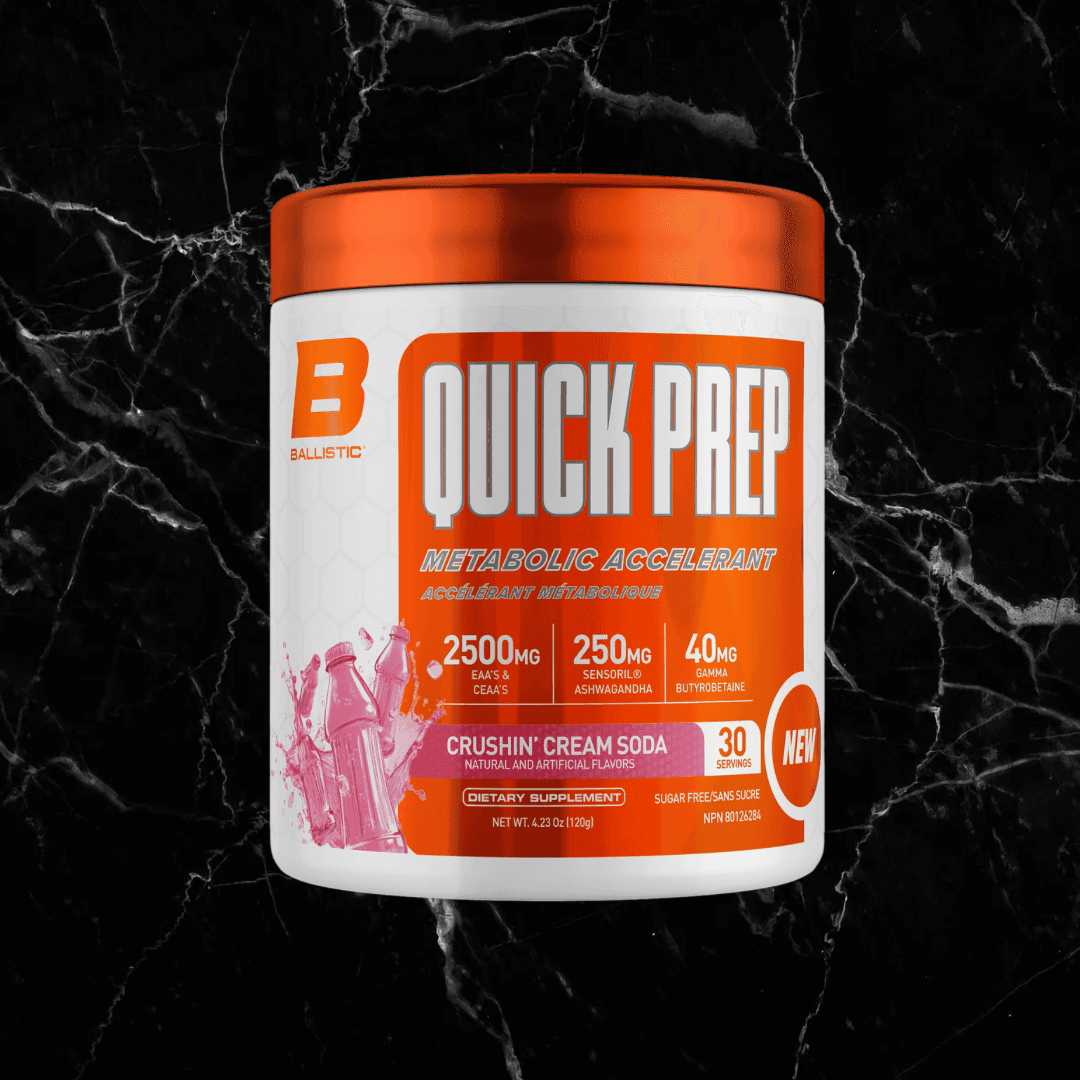 Ballistic Quick Prep Crushin' Cream Soda flavor pre-workout for metabolic boost and fat burn. Includes EAAs, Ashwagandha, and Butyrate blend.