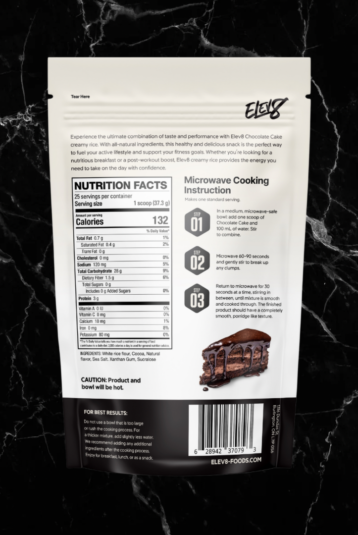 Back of ELEV8 Creamy Rice Chocolate Cake pouch showing nutrition facts, microwave instructions, and product benefits.