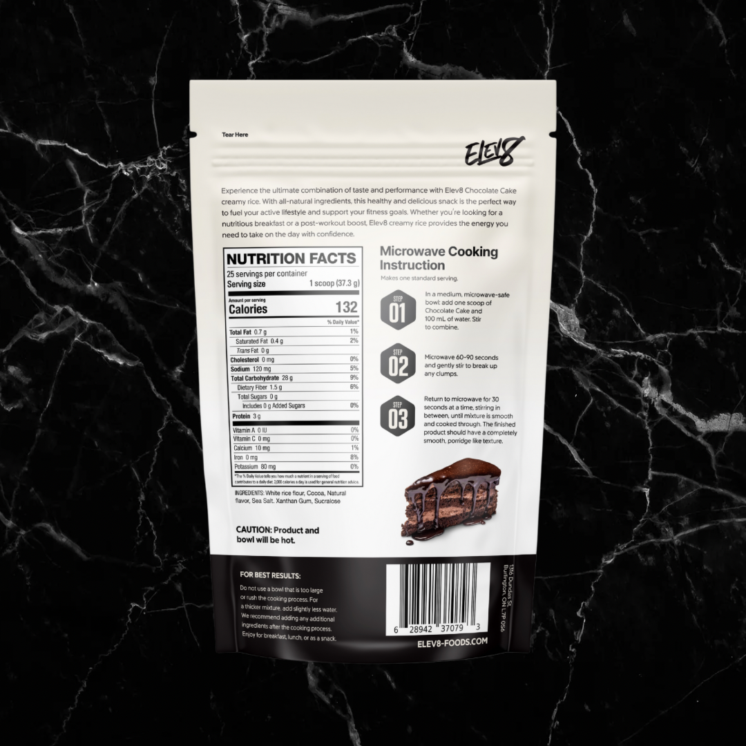 Back of ELEV8 Creamy Rice Chocolate Cake pouch showing nutrition facts, microwave instructions, and product benefits.