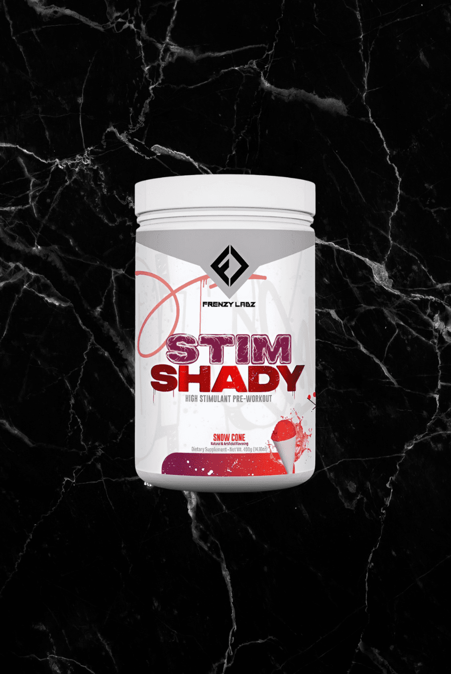 Stim Shady Pre Workout by Frenzy Labz in Snow Cone flavor, high stimulant supplement for intense workouts, fitness nutrition category.