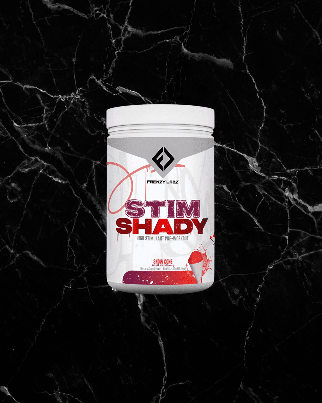 Stim Shady Pre Workout by Frenzy Labz in Snow Cone flavor, high stimulant supplement for intense workouts, fitness nutrition category.