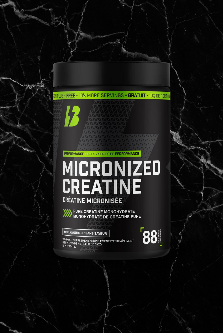 Bull Nutrition Creatine Monohydrate 440g container with 88 servings, designed for muscle growth and endurance. Micronized formula for easy mixing.