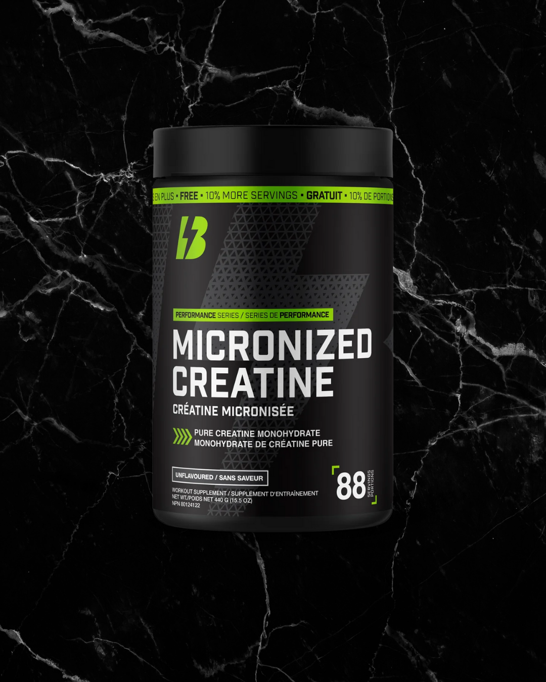 Bull Nutrition Creatine Monohydrate 440g container with 88 servings, designed for muscle growth and endurance. Micronized formula for easy mixing.