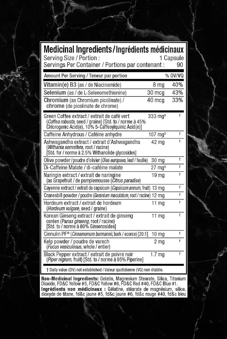 Supplement facts label of Allmax RAPIDCUTS SHREDDED showing ingredients like green coffee extract, caffeine, and vitamin B6 for fat burning.