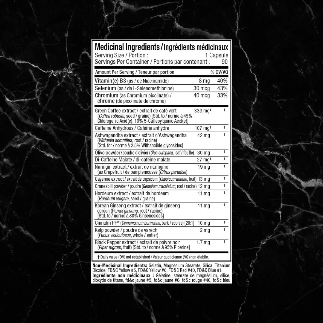 Supplement facts label of Allmax RAPIDCUTS SHREDDED showing ingredients like green coffee extract, caffeine, and vitamin B6 for fat burning.