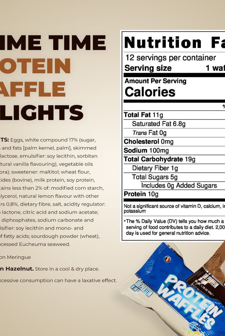 Nutrition facts and ingredients for Enhanced Protein Waffles Lemon Meringue, showing 11g protein and low sugar content per serving.