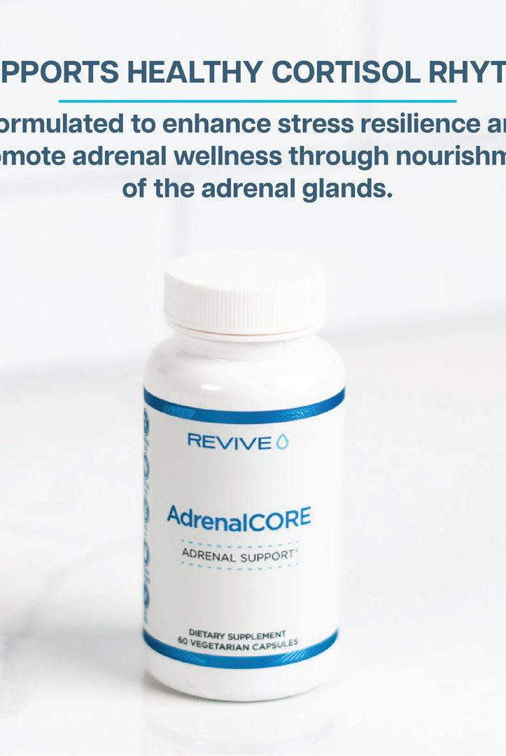 AdrenalCORE bottle on a white surface with text highlighting support for healthy cortisol rhythm and adrenal wellness.