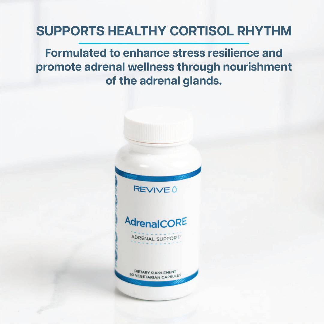 AdrenalCORE bottle on a white surface with text highlighting support for healthy cortisol rhythm and adrenal wellness.