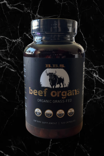 Grass-Fed Beef Organs supplement bottle with 120 capsules, featuring organic desiccated liver, heart, kidney, spleen, and pancreas blend.