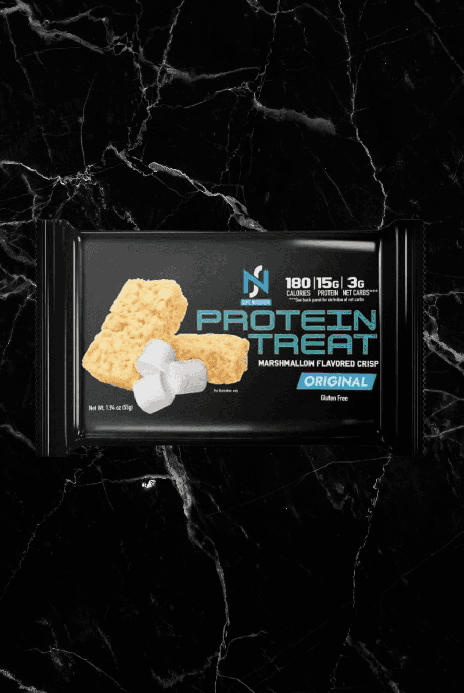 Marshmallow Crisp Protein Treat bar by Sepe Nutrition, high protein keto snack with 15g protein, 180 calories, gluten-free, in black packaging.