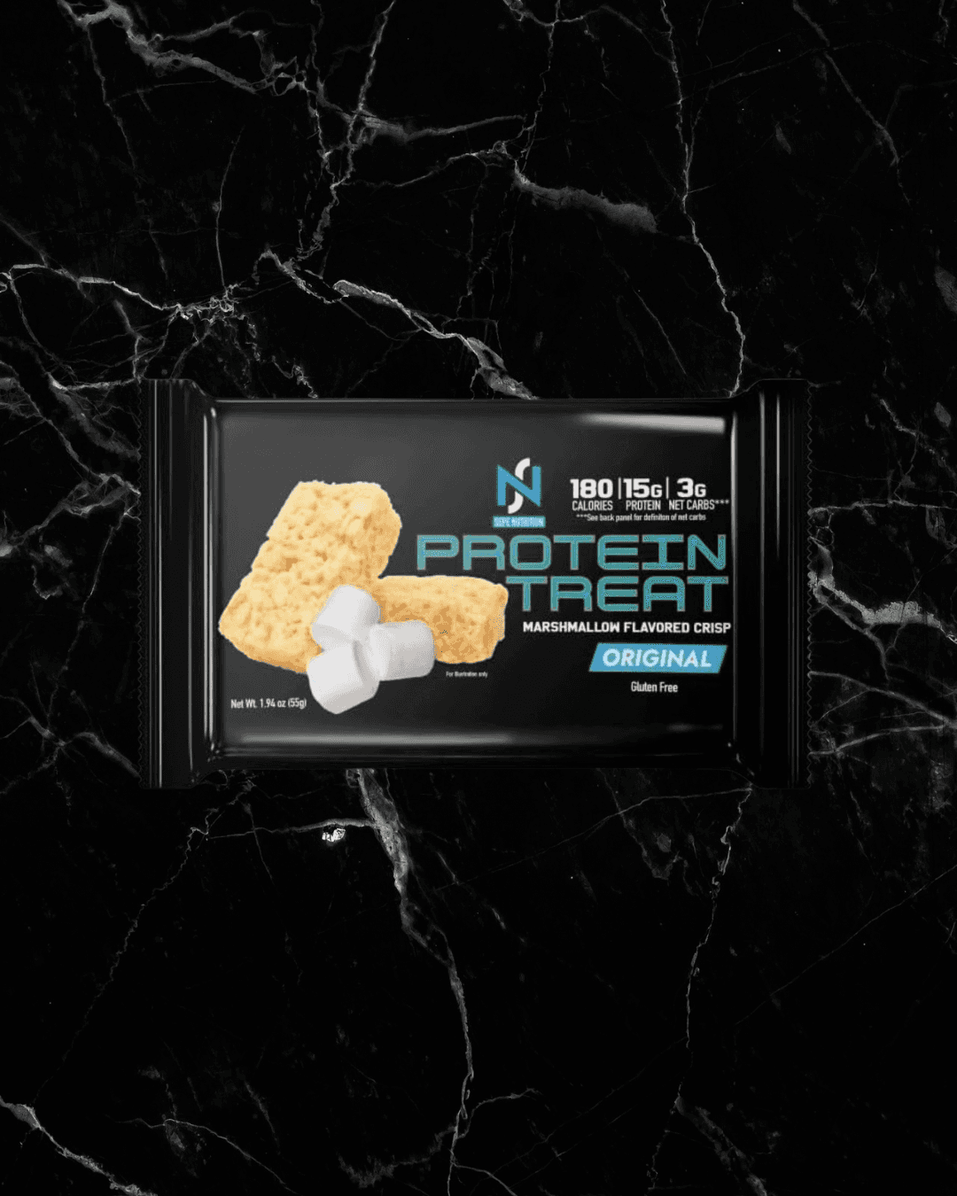 Marshmallow Crisp Protein Treat bar by Sepe Nutrition, high protein keto snack with 15g protein, 180 calories, gluten-free, in black packaging.