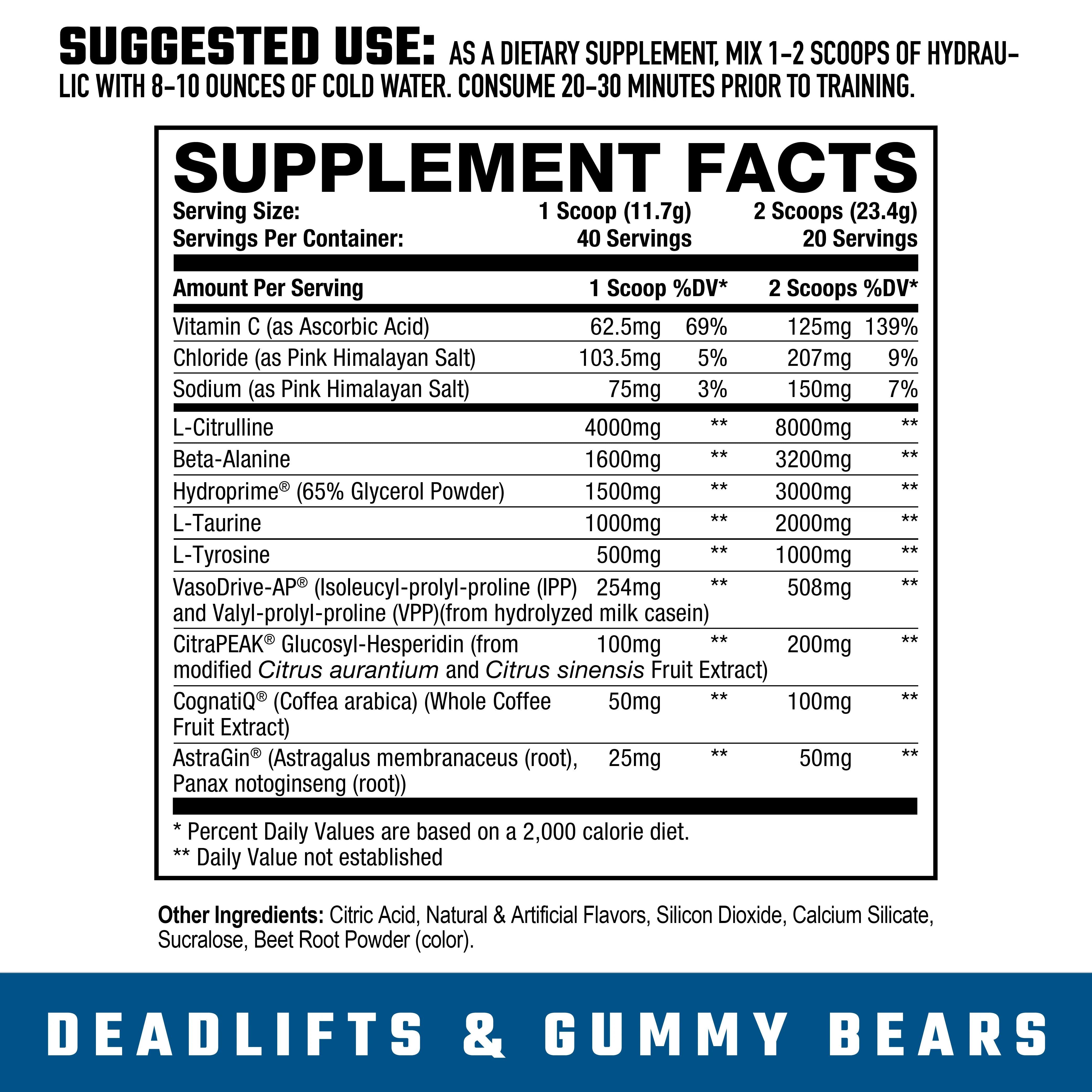 Supplement facts for Axe Sledge Hydraulic V2 Deadlifts & Gummy Bears flavor showing L-Citrulline, Beta-Alanine, and VasoDrive-AP content.