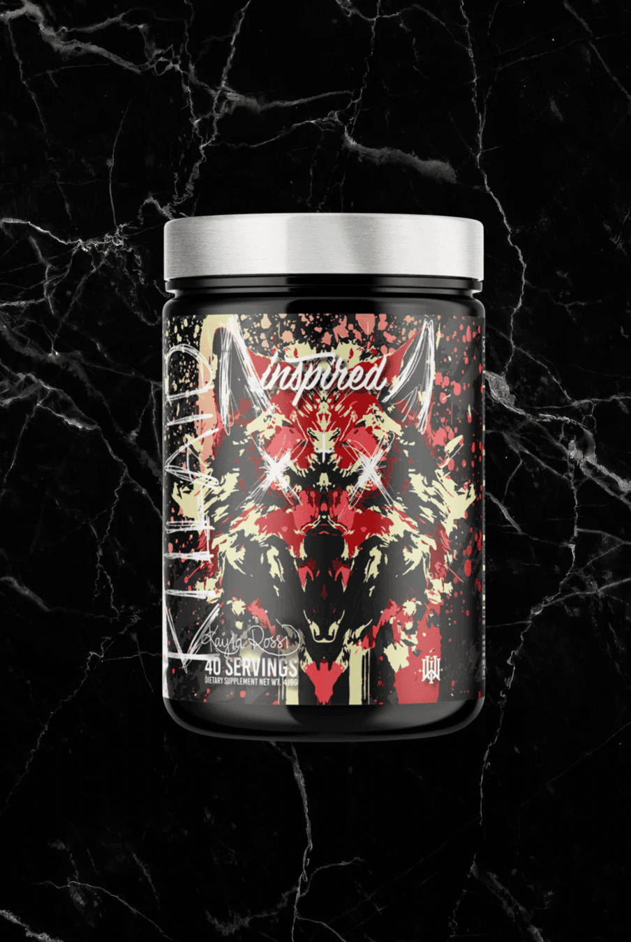 INSPIRED DVST8 Dark Pre Workout KILLAID flavor with red and white wolf graphic, delivering 40 servings of powerful pre-workout energy.