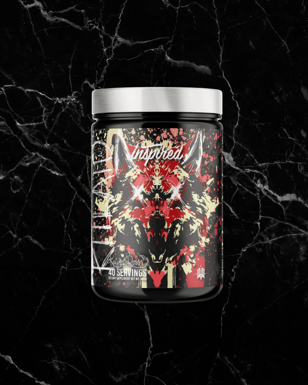 INSPIRED DVST8 Dark Pre Workout KILLAID flavor with red and white wolf graphic, delivering 40 servings of powerful pre-workout energy.