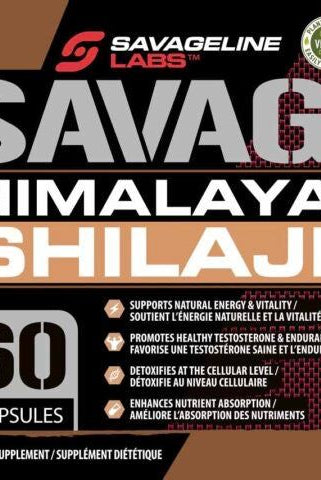 Label of Himalayan SHILAJIT Capsules by Savageline Labs showing supplement facts, usage directions, and benefits like vitality, detox, and stamina boost.