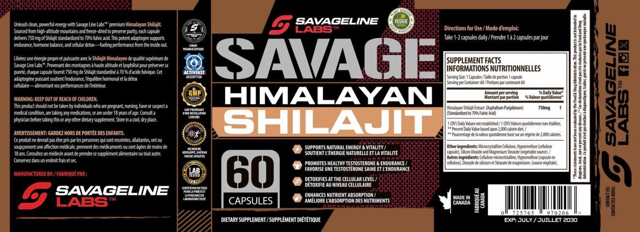 Label of Himalayan SHILAJIT Capsules by Savageline Labs showing supplement facts, usage directions, and benefits like vitality, detox, and stamina boost.