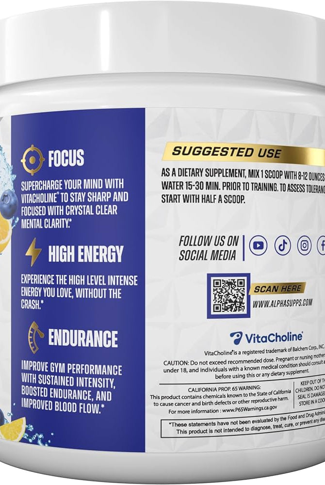 Alpha Supps Pre-Workout supplement facts and suggested use label, highlighting focus, high energy, and endurance benefits.