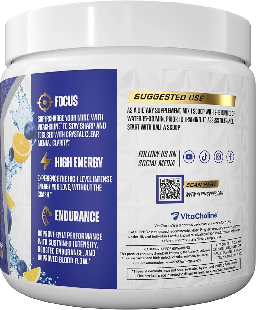 Alpha Supps Pre-Workout supplement facts and suggested use label, highlighting focus, high energy, and endurance benefits.