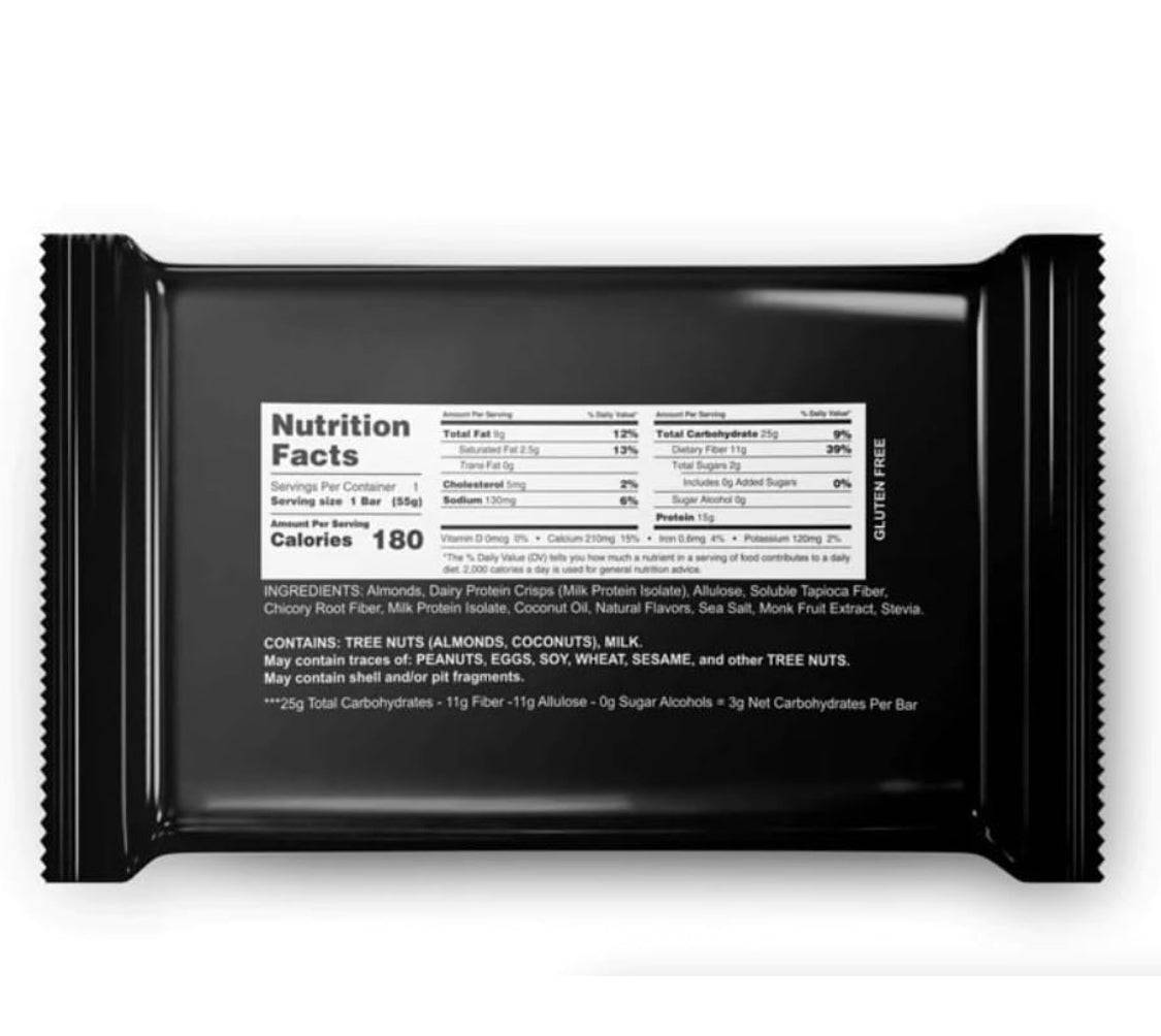 Back of Sepe Nutrition Marshmallow Crisp Protein Treat wrapper displaying detailed nutrition facts and ingredients for high protein keto snack bar.