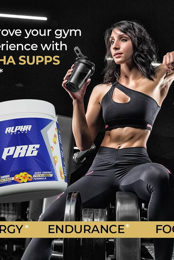 Alpha Supps Pre-Workout Peach Rings flavor promoted by female athlete in gym setting, emphasizing energy, endurance, and focus.