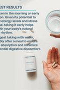Instructions for best results with AdrenalCORE supplement, showing capsules in hand and a glass of water for optimal absorption.