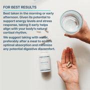 Instructions for best results with AdrenalCORE supplement, showing capsules in hand and a glass of water for optimal absorption.