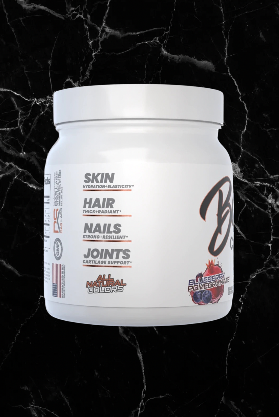 Side view of Babe Collagen Powder Blueberry Pomegranate showing benefits for skin, hair, nails, and joints with natural flavor and color.