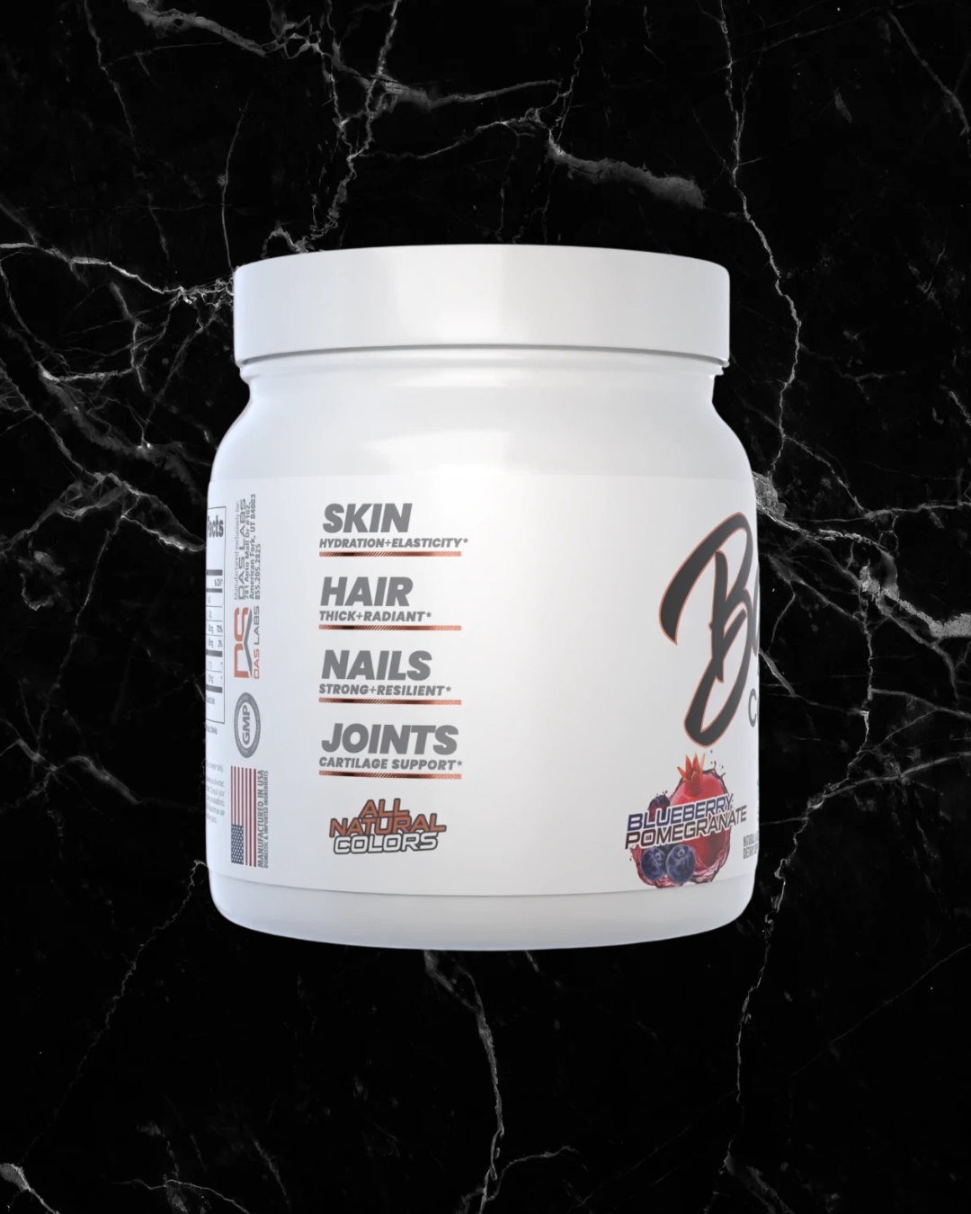 Side view of Babe Collagen Powder Blueberry Pomegranate showing benefits for skin, hair, nails, and joints with natural flavor and color.