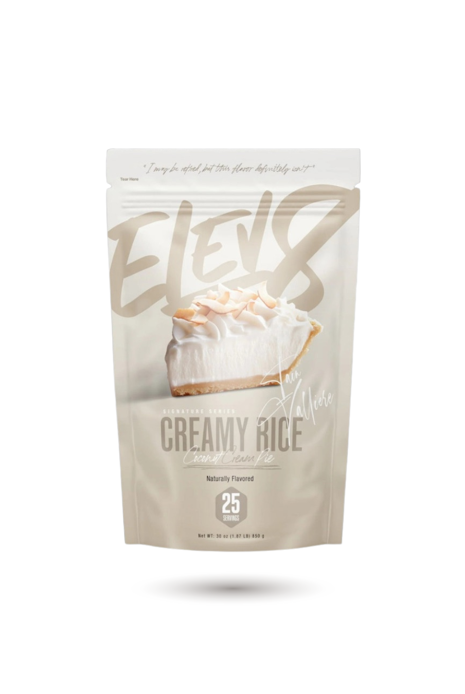 ELEV8 Creamy Rice Coconut Cream Pie flavor with creamy dessert-inspired design. Gluten-free, quick-digesting carbs for sustained energy.