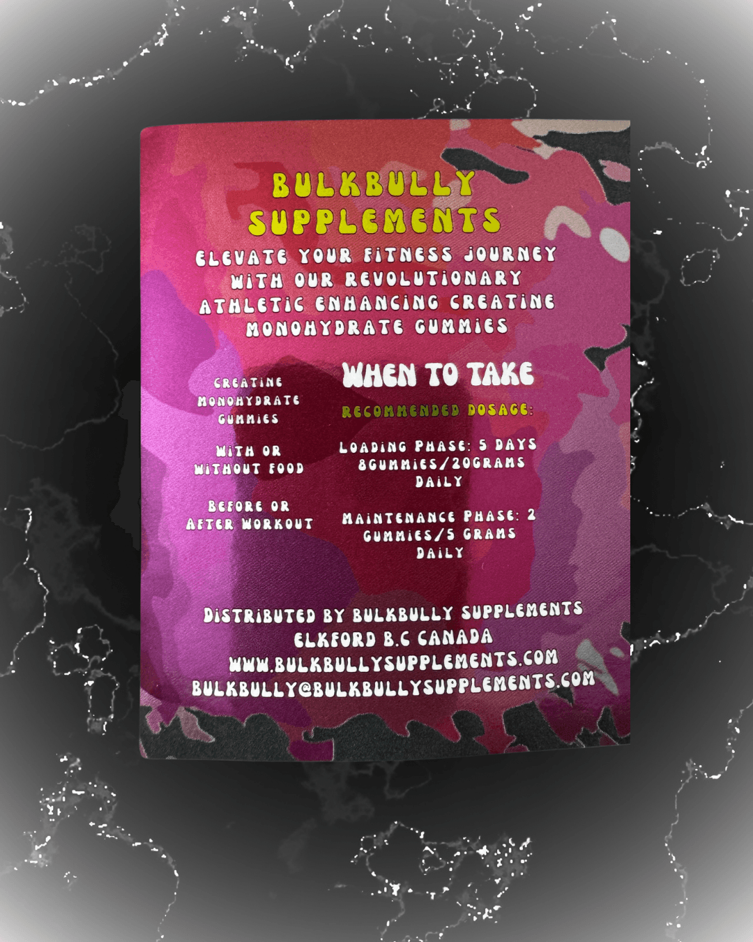 Supplement facts and usage instructions for BulkBully Strawberry Creatine Gummies, detailing dosage for loading and maintenance phases.