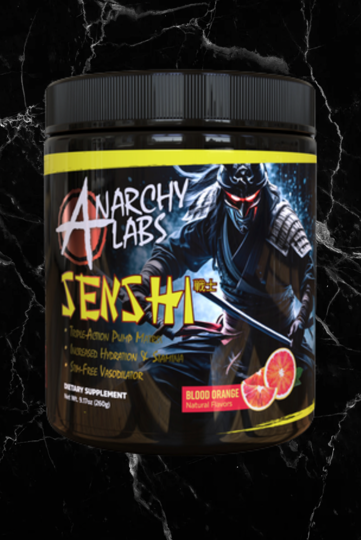 Anarchy Labs Senshi Pre-Workout - Stim-Free Performance in Blood Orange flavor, featuring a ninja-themed label design for intense pump support.
