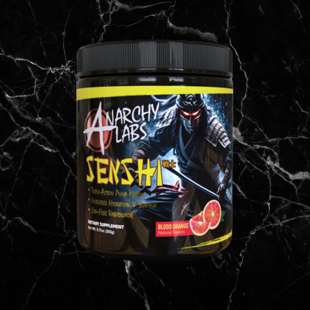 Anarchy Labs Senshi Pre-Workout - Stim-Free Performance in Blood Orange flavor, featuring a ninja-themed label design for intense pump support.