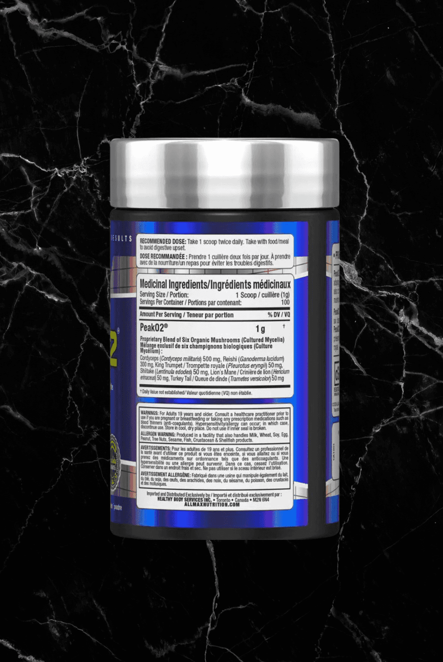 Back label of ALLMAX PeakO2 showing medicinal ingredients and recommended dosage. Features organic mushroom blend for endurance and immunity.