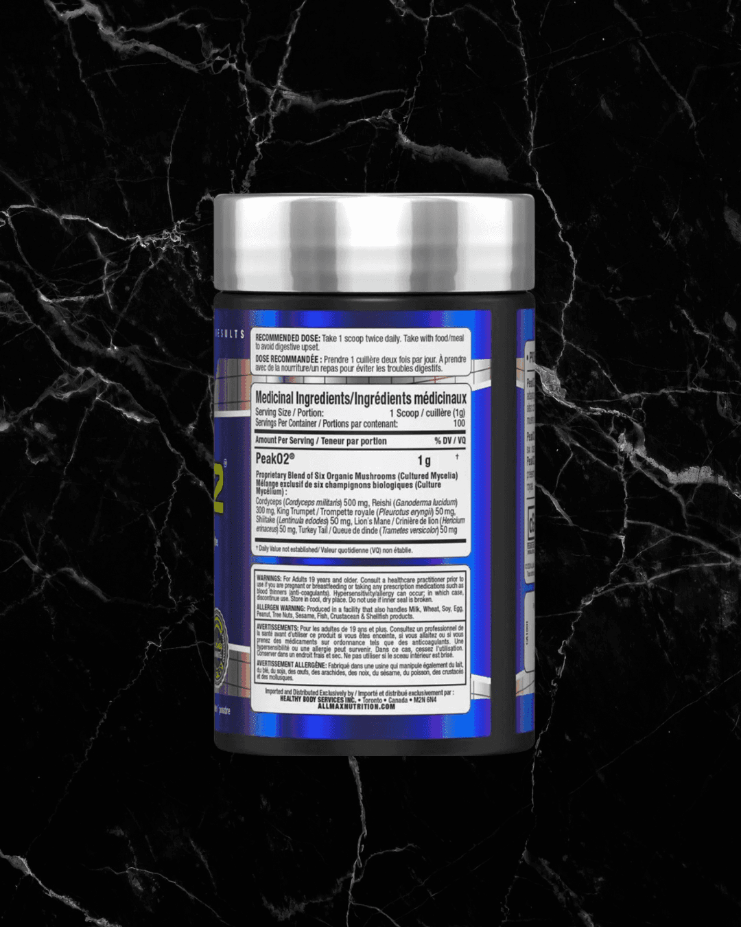 Back label of ALLMAX PeakO2 showing medicinal ingredients and recommended dosage. Features organic mushroom blend for endurance and immunity.
