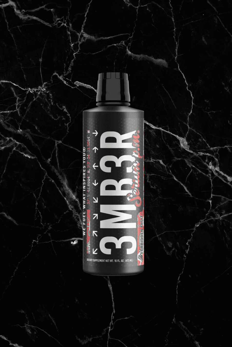 3MBER:SERUM PM - Night-Time Muscle Support | Metabolism Booster in Forbidden Fruit flavor, black bottle with red accents on marble background.